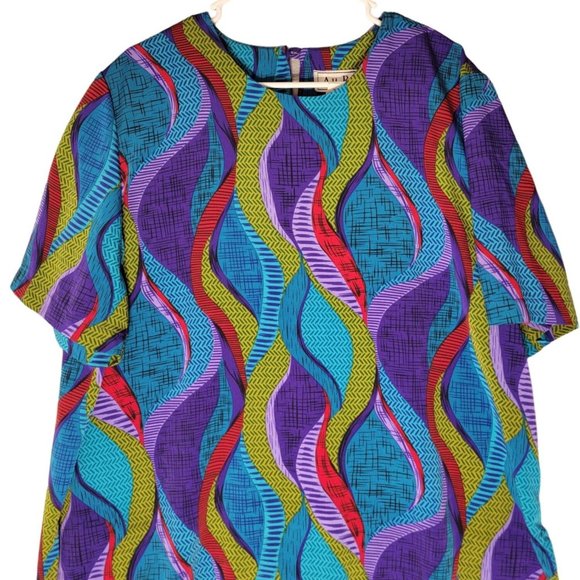 Vtg Ashley Reed Colorful Geometric Blouse Sz 18W Multcolor Keyhole Back SS USA - Picture 1 of 9